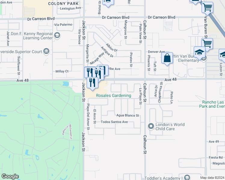 map of restaurants, bars, coffee shops, grocery stores, and more near 83190 Plaza De Oro in Coachella