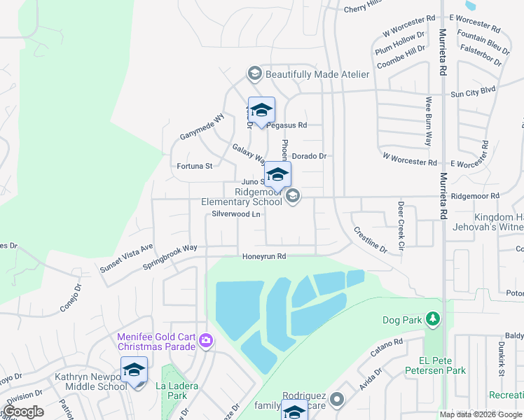 map of restaurants, bars, coffee shops, grocery stores, and more near 25368 Silverwood Lane in Menifee