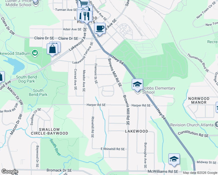 map of restaurants, bars, coffee shops, grocery stores, and more near 375 Greendale Drive Southeast in Atlanta