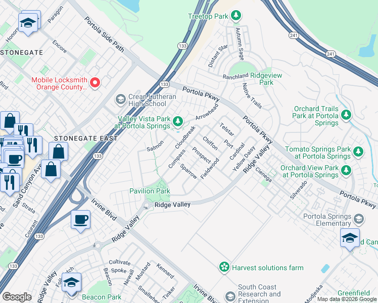 map of restaurants, bars, coffee shops, grocery stores, and more near 138 Compass in Irvine