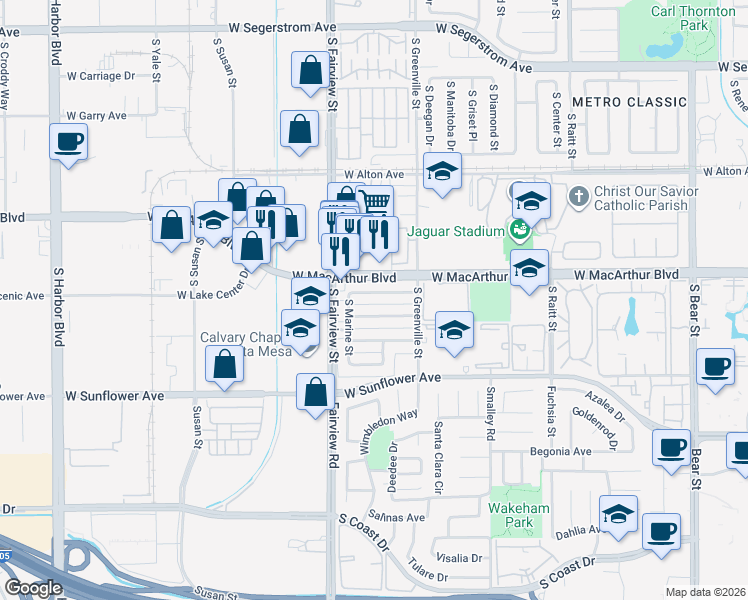 map of restaurants, bars, coffee shops, grocery stores, and more near 2708 West Juniper Street in Santa Ana
