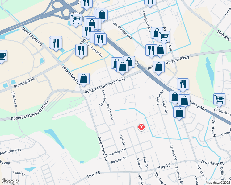 map of restaurants, bars, coffee shops, grocery stores, and more near 1681 Raven Street in Myrtle Beach