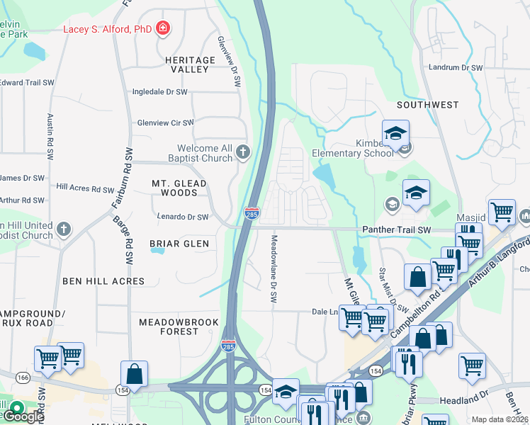 map of restaurants, bars, coffee shops, grocery stores, and more near 3541 Parc Circle Southwest in Atlanta
