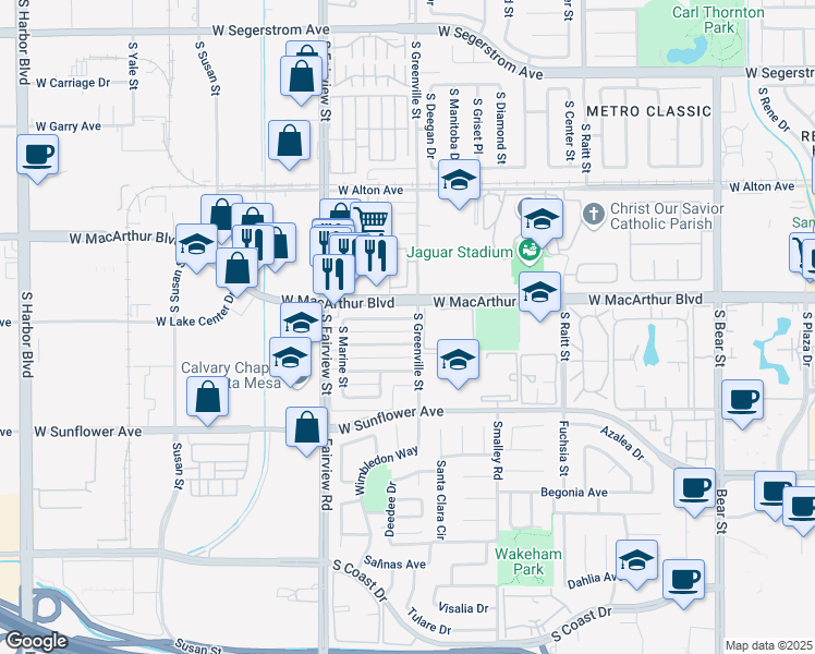 map of restaurants, bars, coffee shops, grocery stores, and more near 4 West Orion Avenue in Santa Ana