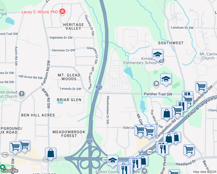map of restaurants, bars, coffee shops, grocery stores, and more near 3457 Parc Drive Southwest in Atlanta