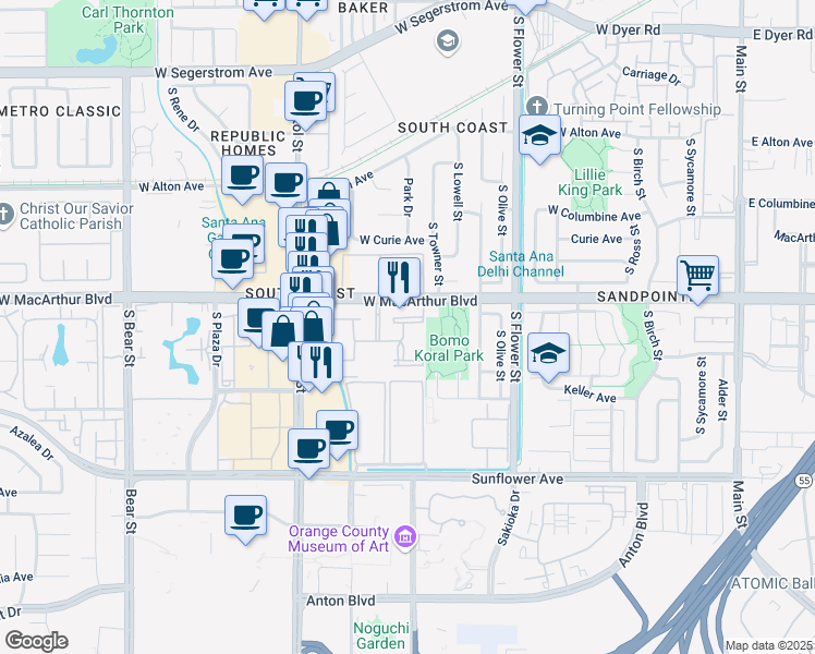 map of restaurants, bars, coffee shops, grocery stores, and more near 950 West MacArthur Boulevard in Santa Ana