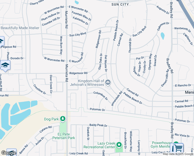 map of restaurants, bars, coffee shops, grocery stores, and more near 26286 Foxgrove Road in Menifee