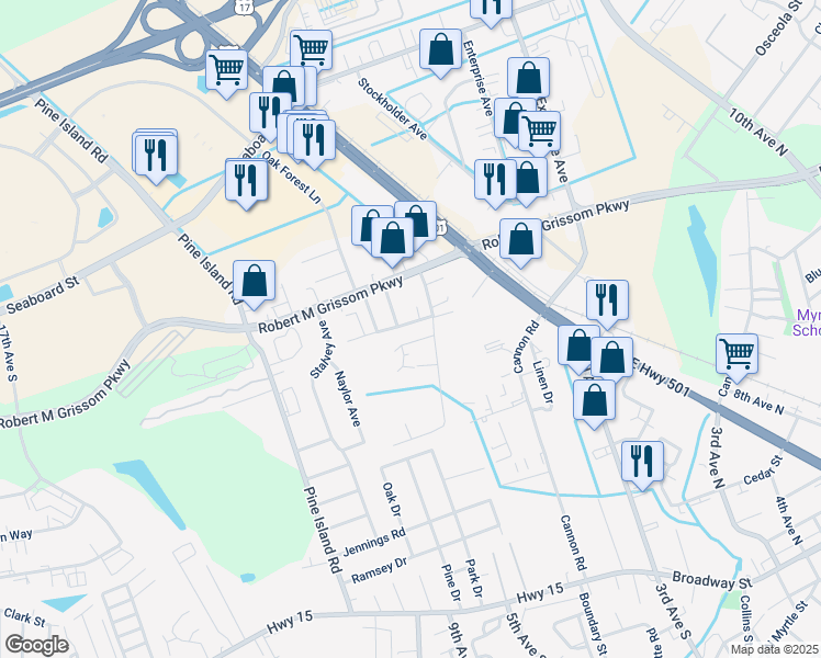 map of restaurants, bars, coffee shops, grocery stores, and more near 215 Neighbor Lane in Myrtle Beach