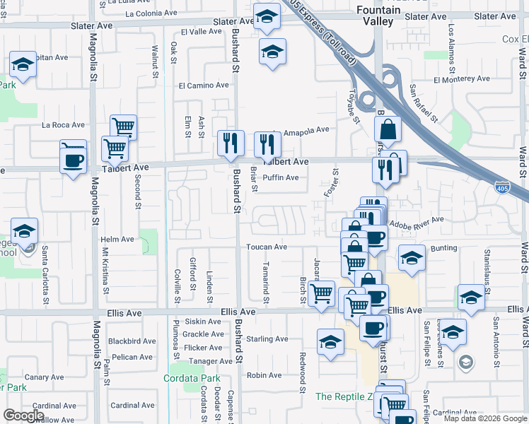 map of restaurants, bars, coffee shops, grocery stores, and more near 411 Gold Finch Lane in Fountain Valley