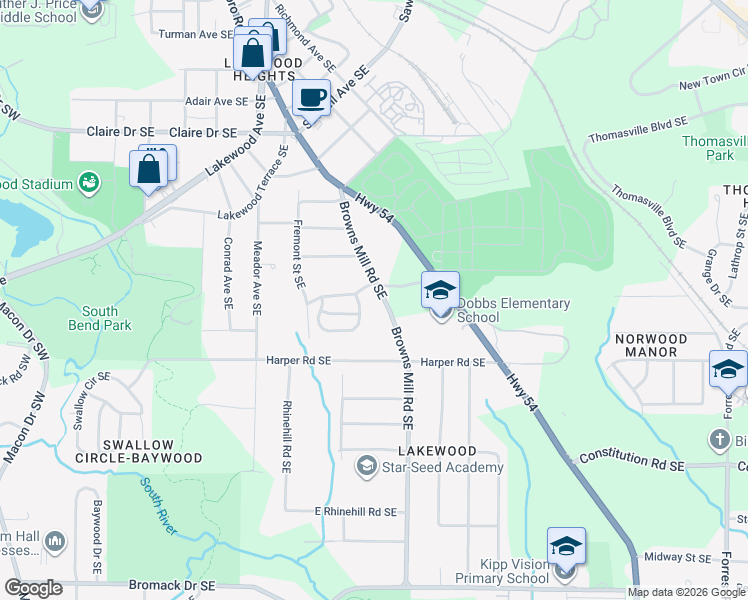 map of restaurants, bars, coffee shops, grocery stores, and more near 2011 Browns Mill Road Southeast in Atlanta