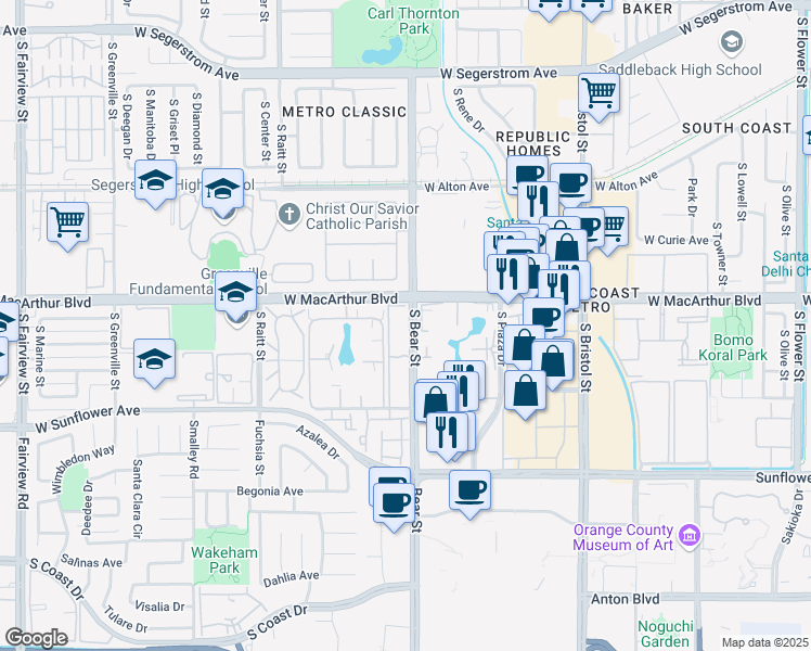 map of restaurants, bars, coffee shops, grocery stores, and more near 3640 South Bear Street in Santa Ana