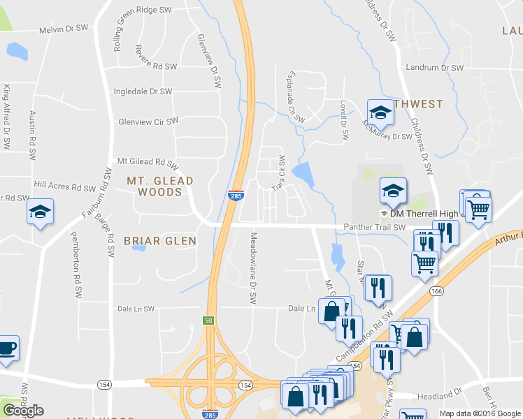 map of restaurants, bars, coffee shops, grocery stores, and more near Parc Cir in Atlanta