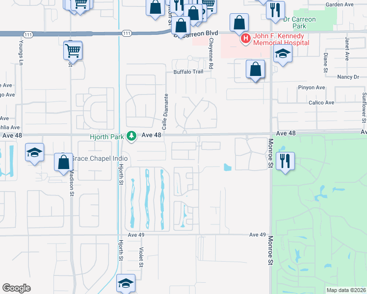 map of restaurants, bars, coffee shops, grocery stores, and more near 81641 Avenue 48 in Indio