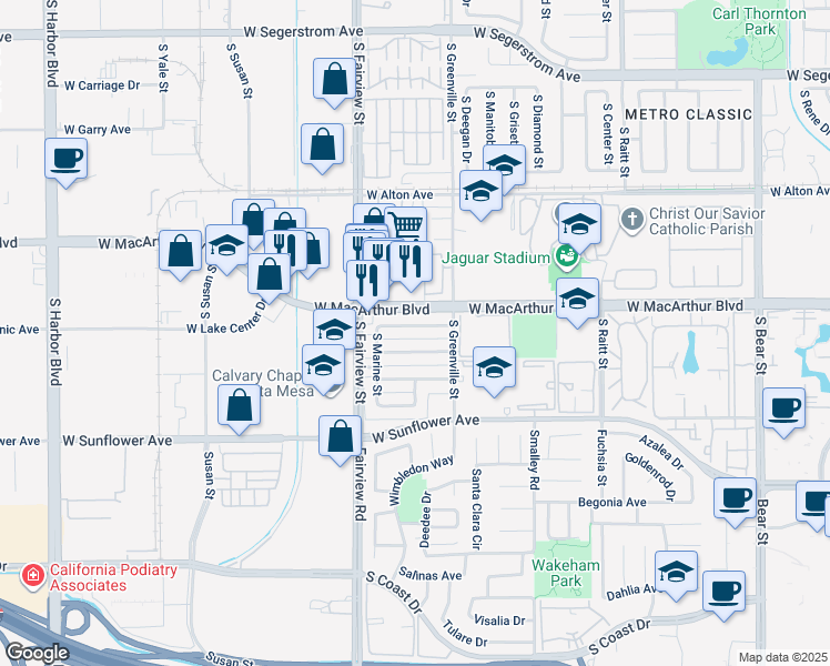 map of restaurants, bars, coffee shops, grocery stores, and more near 2636 West Juniper Street in Santa Ana