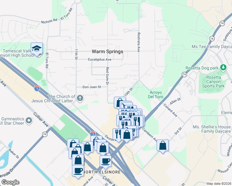 map of restaurants, bars, coffee shops, grocery stores, and more near 29830 Red Gum Drive in Lake Elsinore