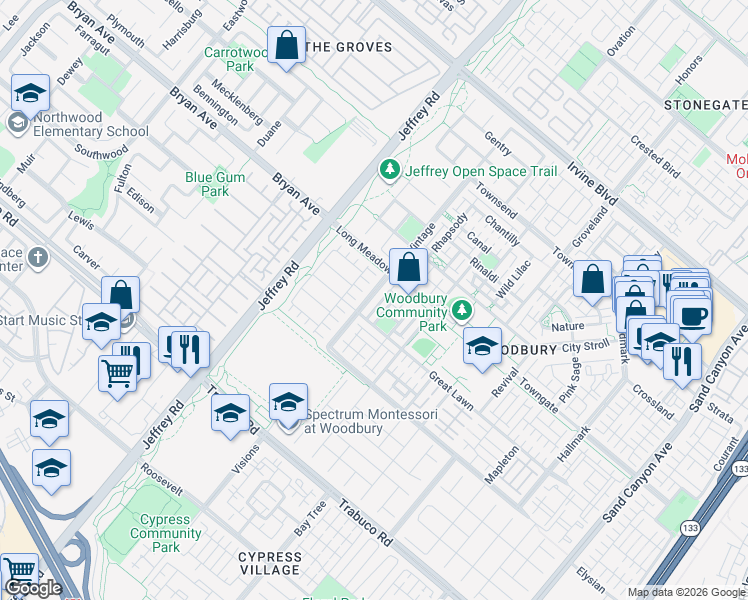 map of restaurants, bars, coffee shops, grocery stores, and more near 82 Vintage in Irvine