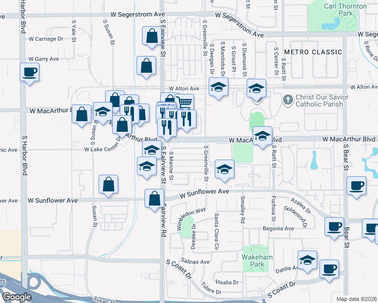 map of restaurants, bars, coffee shops, grocery stores, and more near 2636 West Juniper Street in Santa Ana