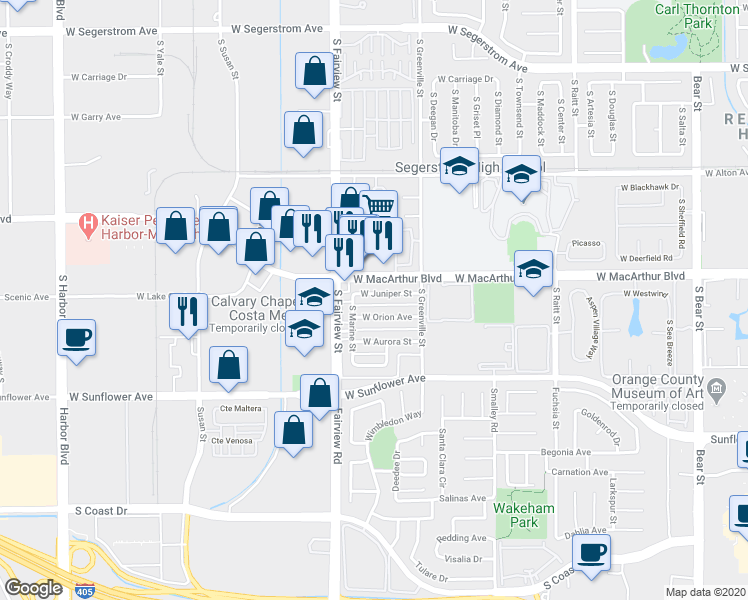 map of restaurants, bars, coffee shops, grocery stores, and more near 2708 West Juniper Street in Santa Ana