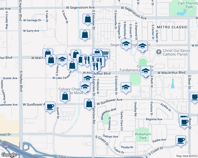 map of restaurants, bars, coffee shops, grocery stores, and more near 3602 South Marine Street in Santa Ana