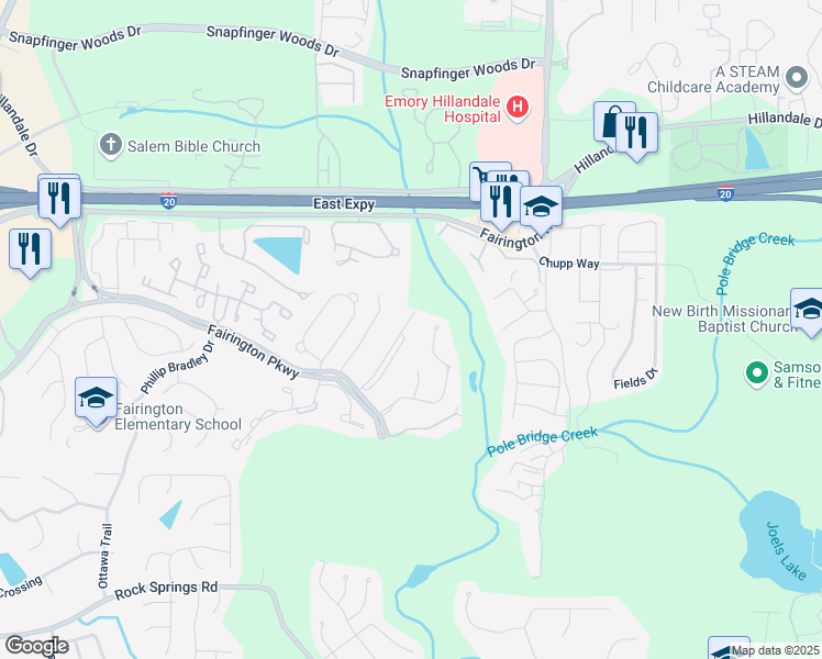 map of restaurants, bars, coffee shops, grocery stores, and more near 2550 Piering Drive in Stonecrest