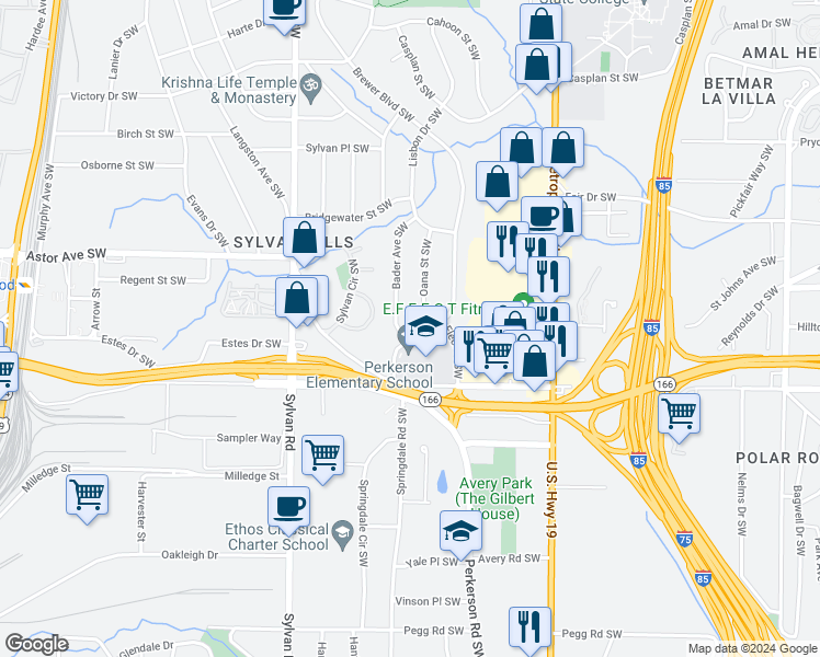 map of restaurants, bars, coffee shops, grocery stores, and more near 2047 Brewer Boulevard Southwest in Atlanta