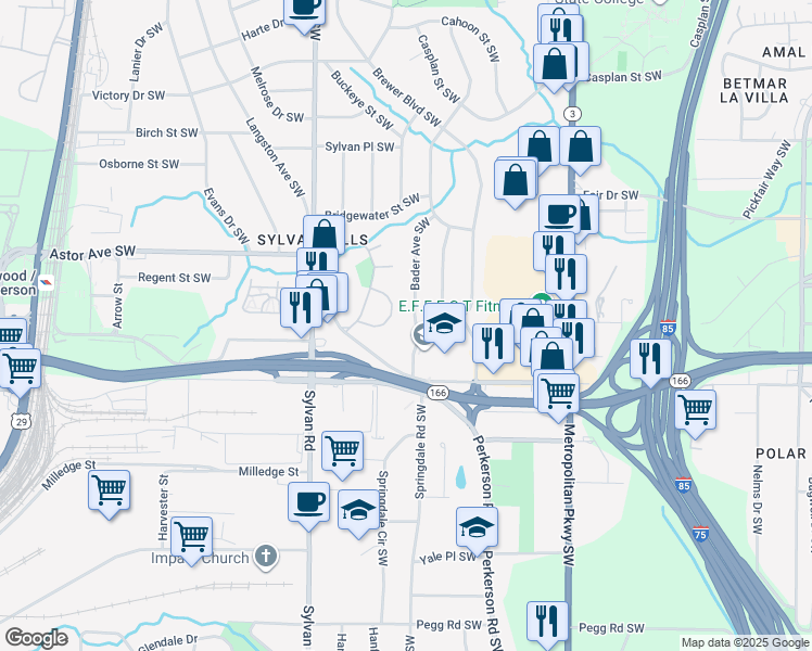 map of restaurants, bars, coffee shops, grocery stores, and more near 2047 Brewer Boulevard Southwest in Atlanta