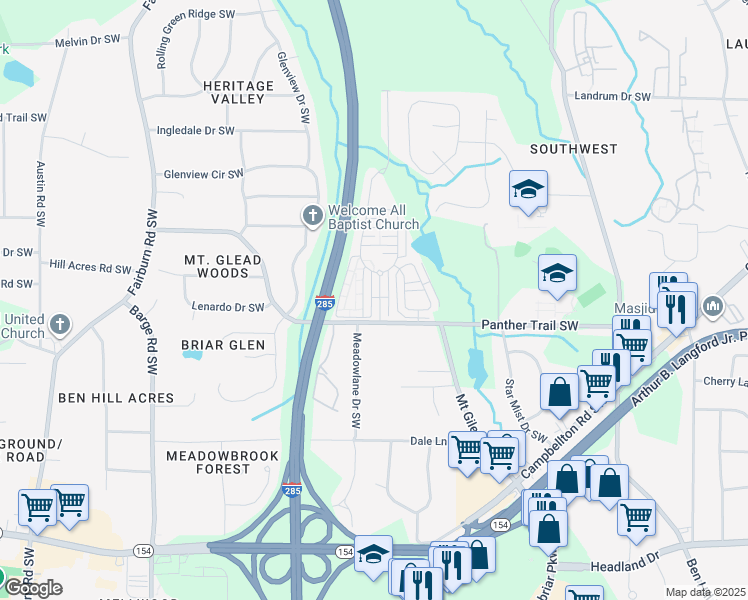 map of restaurants, bars, coffee shops, grocery stores, and more near 3255 Cascade Parc Boulevard Southwest in Atlanta