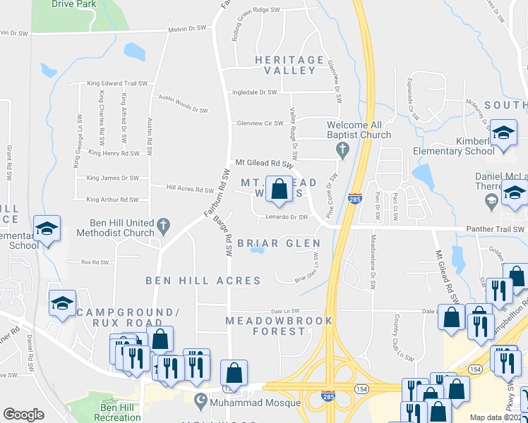 map of restaurants, bars, coffee shops, grocery stores, and more near 3513 Lenardo Drive Southwest in Atlanta