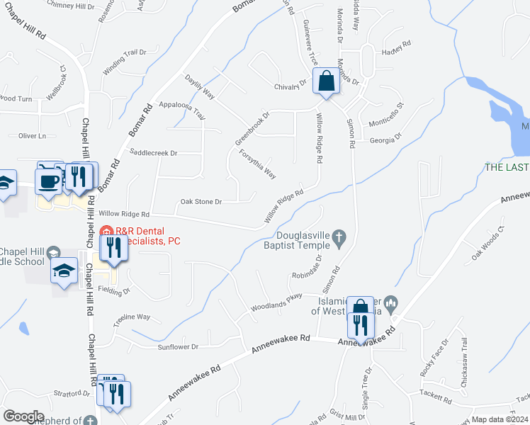 map of restaurants, bars, coffee shops, grocery stores, and more near 3980 Willow Ridge Road in Douglasville
