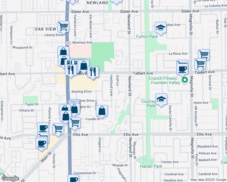 map of restaurants, bars, coffee shops, grocery stores, and more near 18132 Hartlund Lane in Huntington Beach