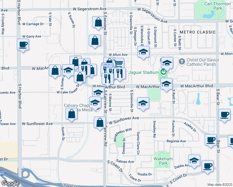 map of restaurants, bars, coffee shops, grocery stores, and more near 2714 West Juniper Street in Santa Ana