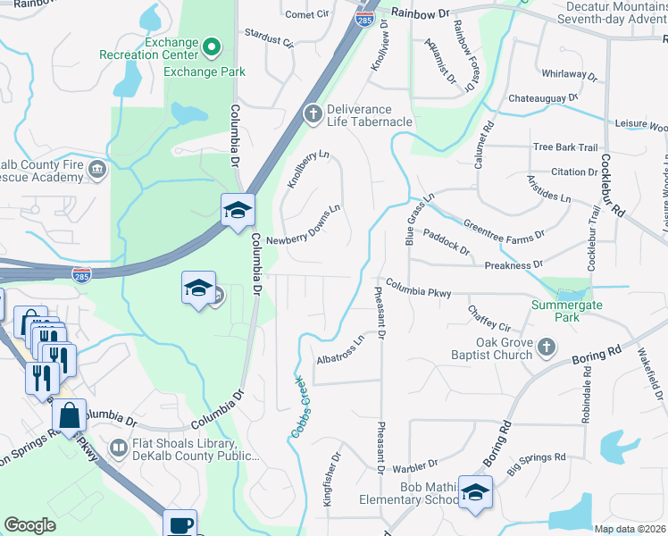 map of restaurants, bars, coffee shops, grocery stores, and more near 2989 Knollberry Lane in Decatur