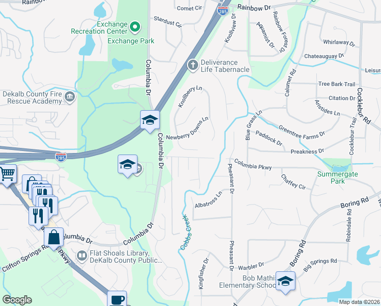 map of restaurants, bars, coffee shops, grocery stores, and more near 2967 Knollberry Lane in Decatur