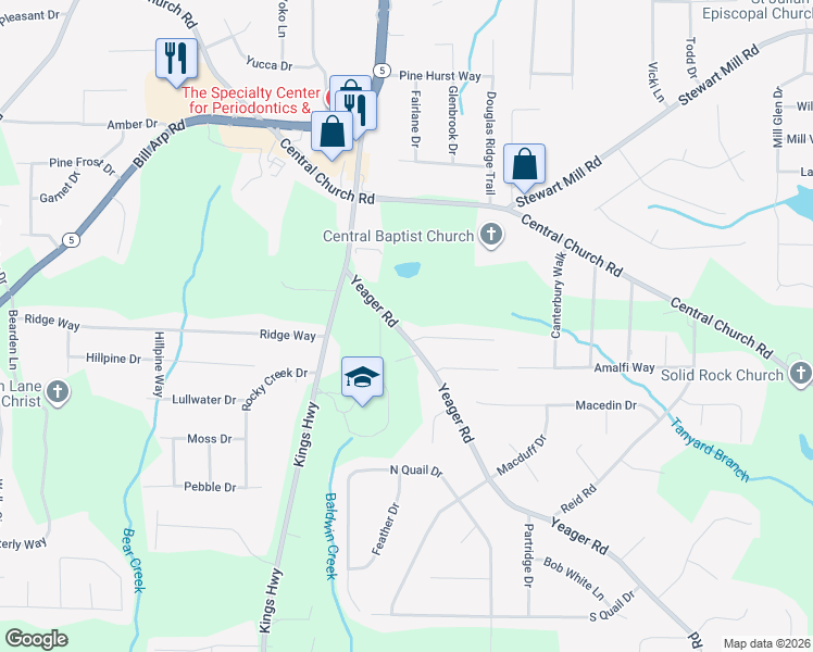 map of restaurants, bars, coffee shops, grocery stores, and more near 3824 Yeager Road in Douglasville