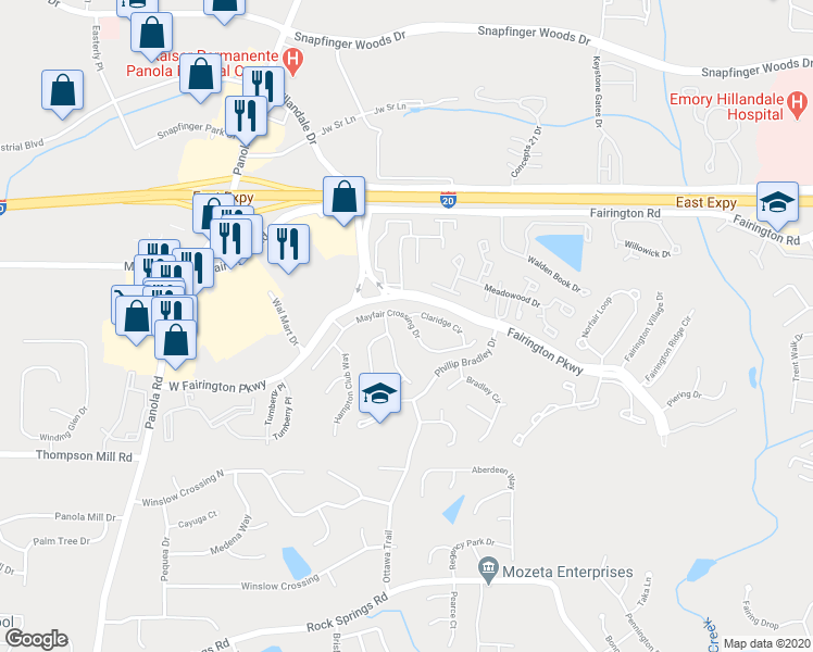 map of restaurants, bars, coffee shops, grocery stores, and more near 5545 Mayfair Crossing Drive in Stonecrest