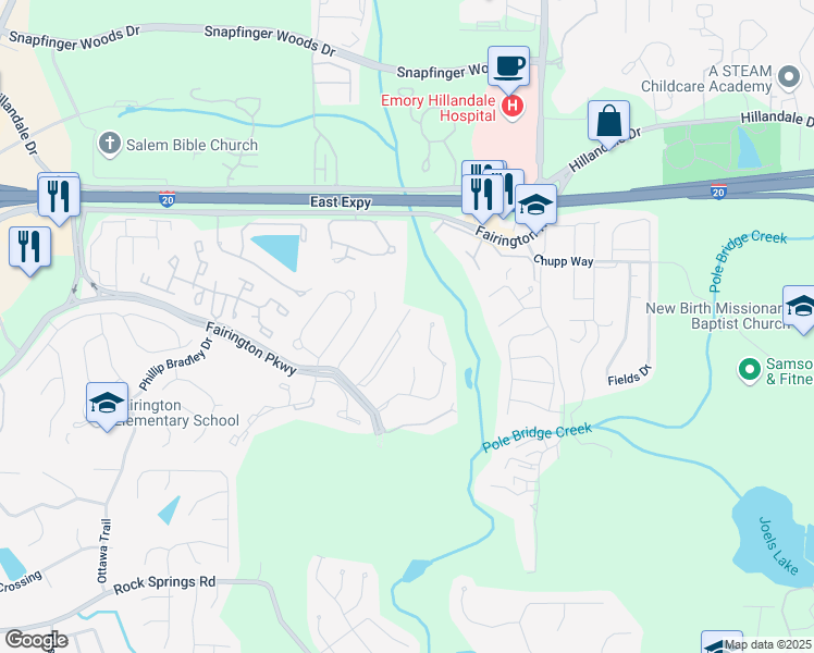 map of restaurants, bars, coffee shops, grocery stores, and more near 14204 Fairington Ridge Circle in Stonecrest