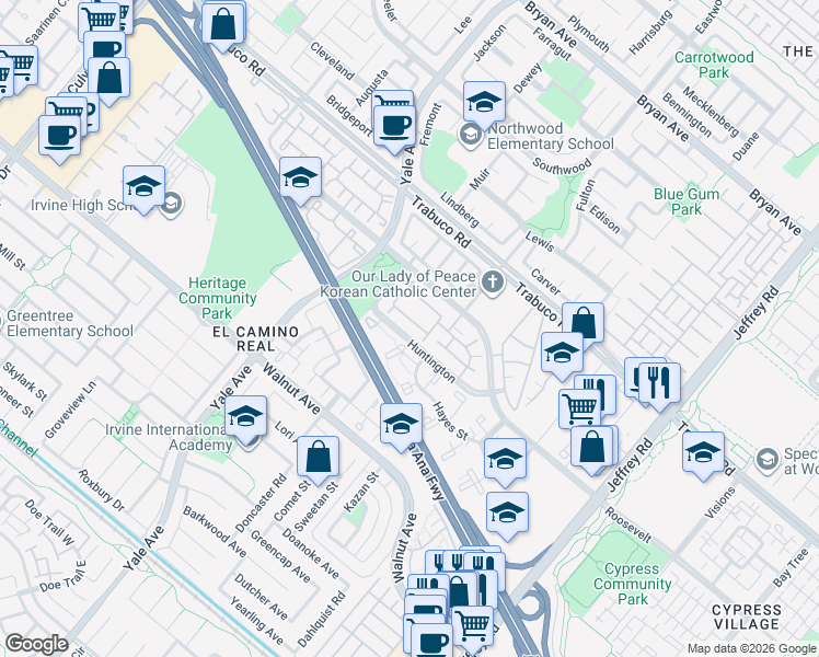 map of restaurants, bars, coffee shops, grocery stores, and more near 115 Huntington in Irvine