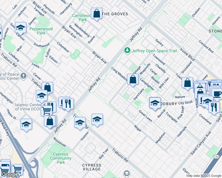 map of restaurants, bars, coffee shops, grocery stores, and more near 34 Great Lawn in Irvine