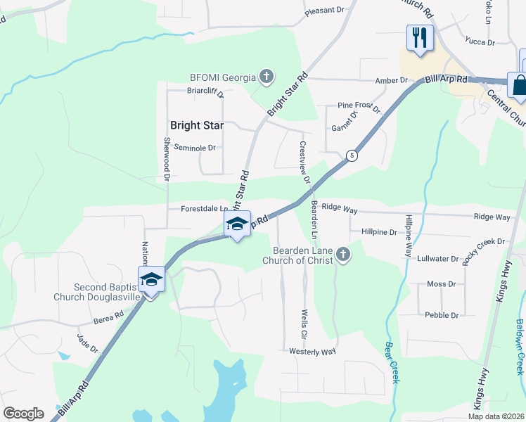 map of restaurants, bars, coffee shops, grocery stores, and more near 3949 Georgia 5 in Douglasville