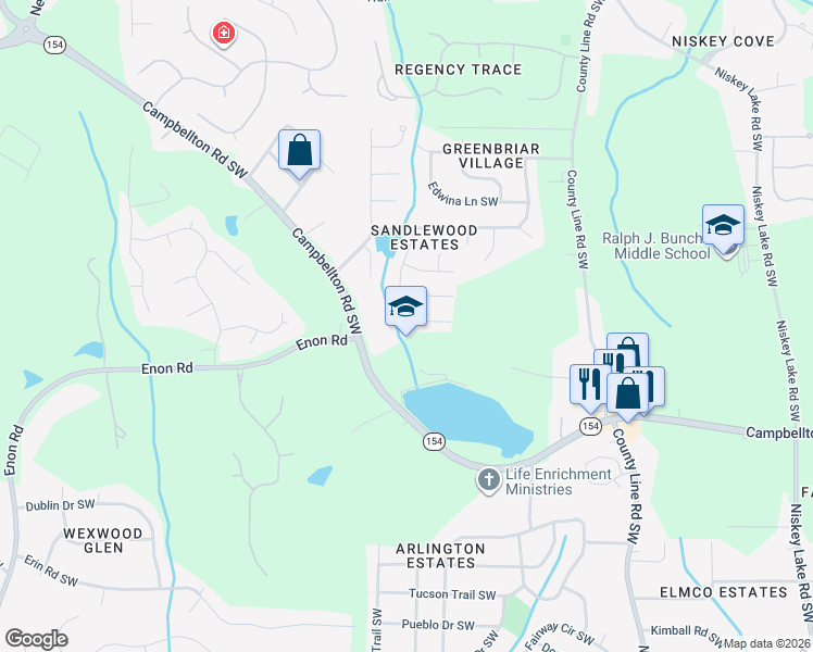 map of restaurants, bars, coffee shops, grocery stores, and more near 2017 Sandlake Drive Southwest in Atlanta