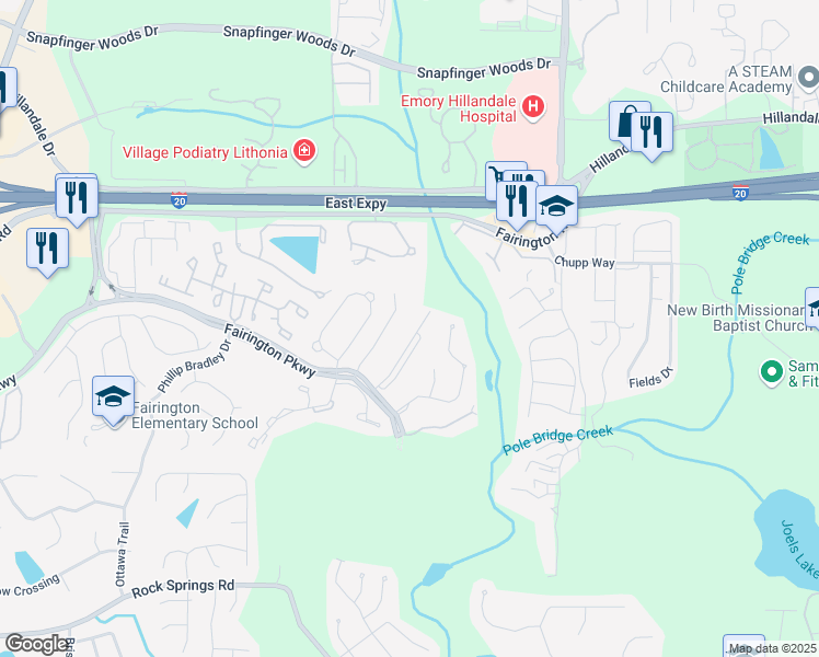 map of restaurants, bars, coffee shops, grocery stores, and more near 6304 Fairington Ridge Circle in Lithonia