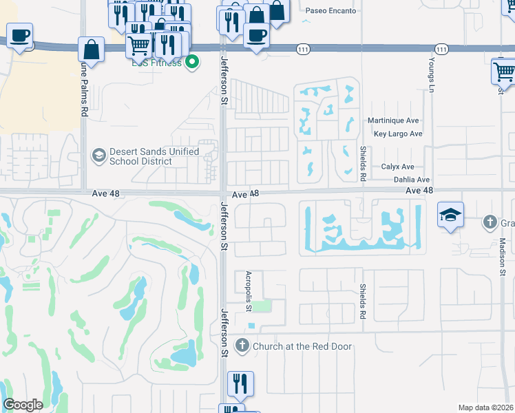 map of restaurants, bars, coffee shops, grocery stores, and more near 80125 Bridgeport Drive in Indio