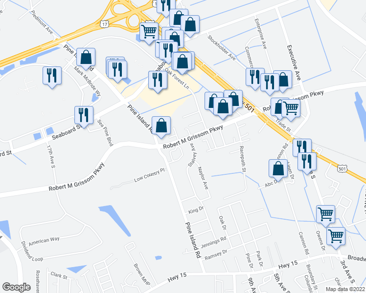 map of restaurants, bars, coffee shops, grocery stores, and more near 1601 Stuart Square Circle in Myrtle Beach