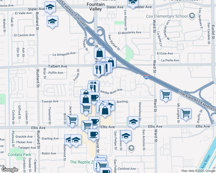 map of restaurants, bars, coffee shops, grocery stores, and more near 10098 Fall River Court in Fountain Valley