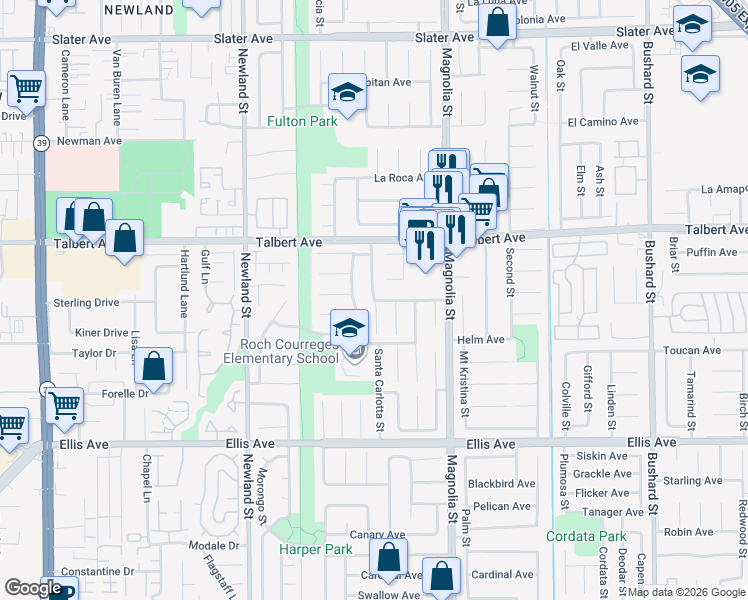 map of restaurants, bars, coffee shops, grocery stores, and more near 18159 Santa Cecilia Circle in Fountain Valley