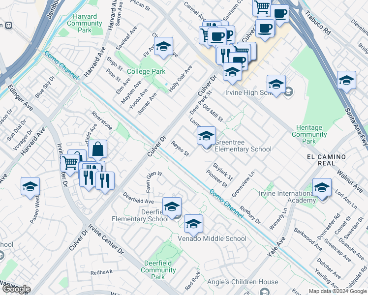 map of restaurants, bars, coffee shops, grocery stores, and more near 4111 Reyes Street in Irvine