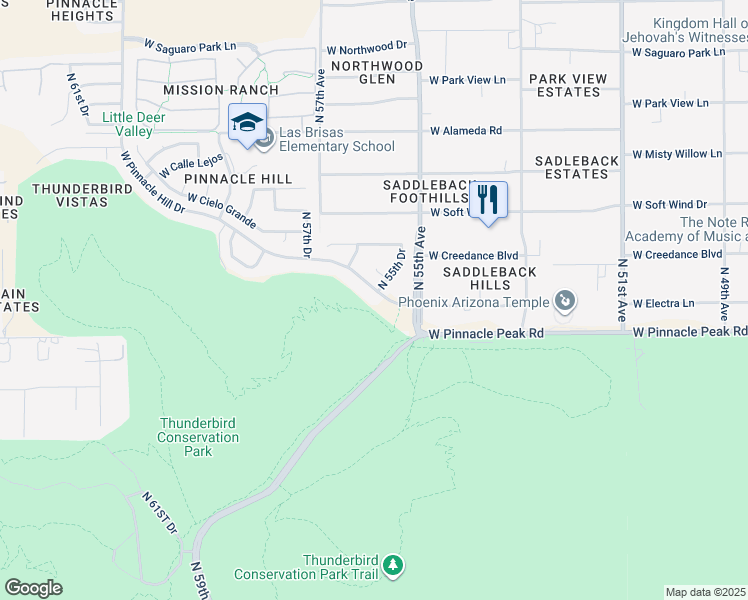 map of restaurants, bars, coffee shops, grocery stores, and more near 5529 West Pinnacle Hill Drive in Glendale