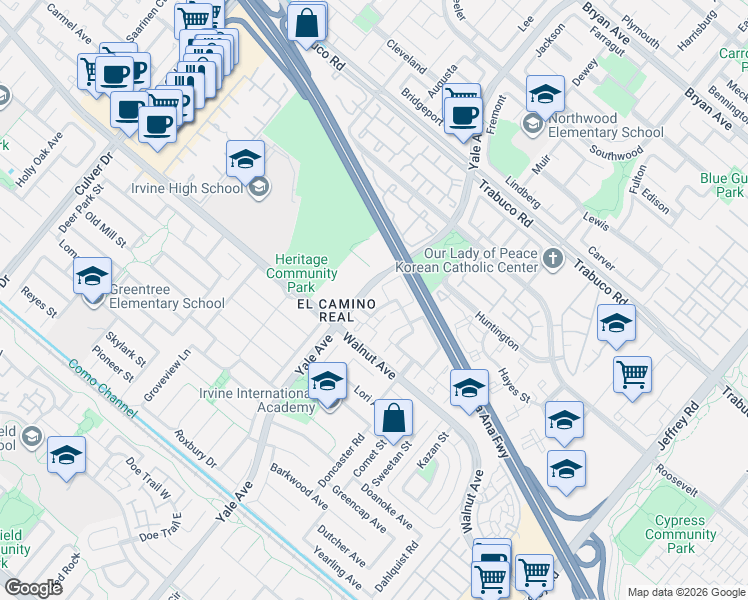 map of restaurants, bars, coffee shops, grocery stores, and more near in Irvine