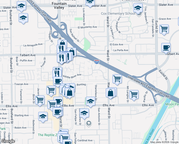 map of restaurants, bars, coffee shops, grocery stores, and more near 18188 Mesa Verde Court in Fountain Valley