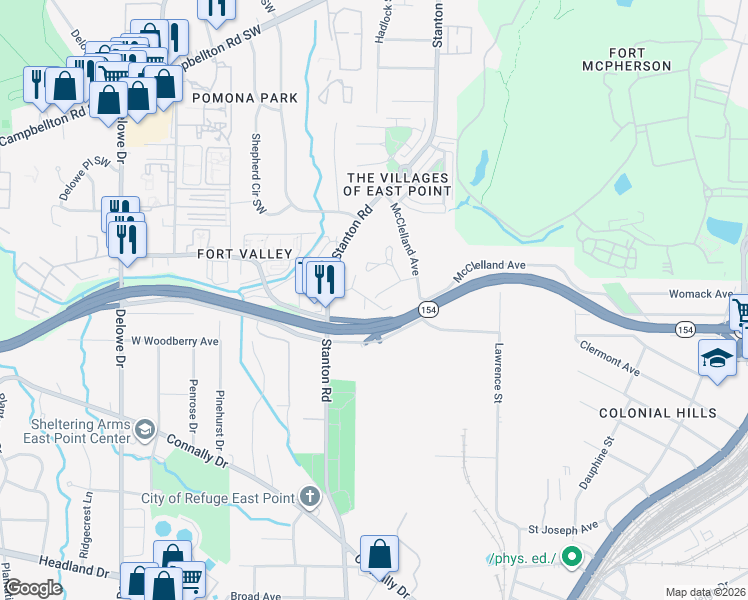 map of restaurants, bars, coffee shops, grocery stores, and more near 2040 Stanton Road in East Point